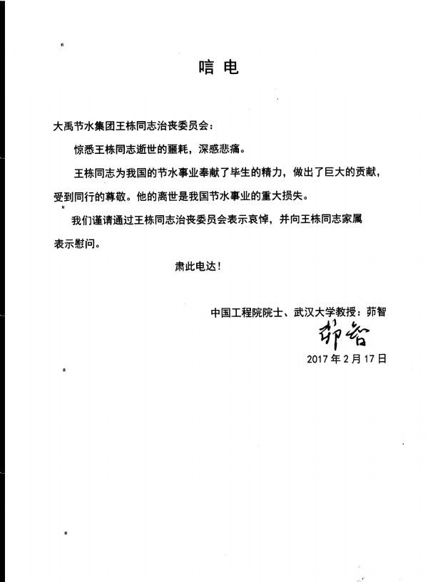 中国工程院院士、武汉大学教授茆智唁电 - 各界人士沉痛吊祭集团公司董事长王栋先生 - 各界人士沉痛吊祭集团公司董事长王栋先生 - 中国,工程院,院士,武汉,大学,教授,茆智,唁电